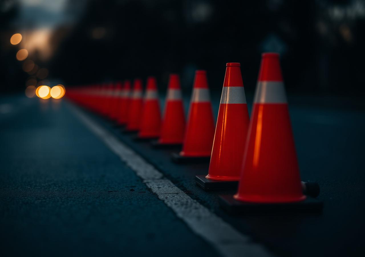Traffic cones lined up on the road